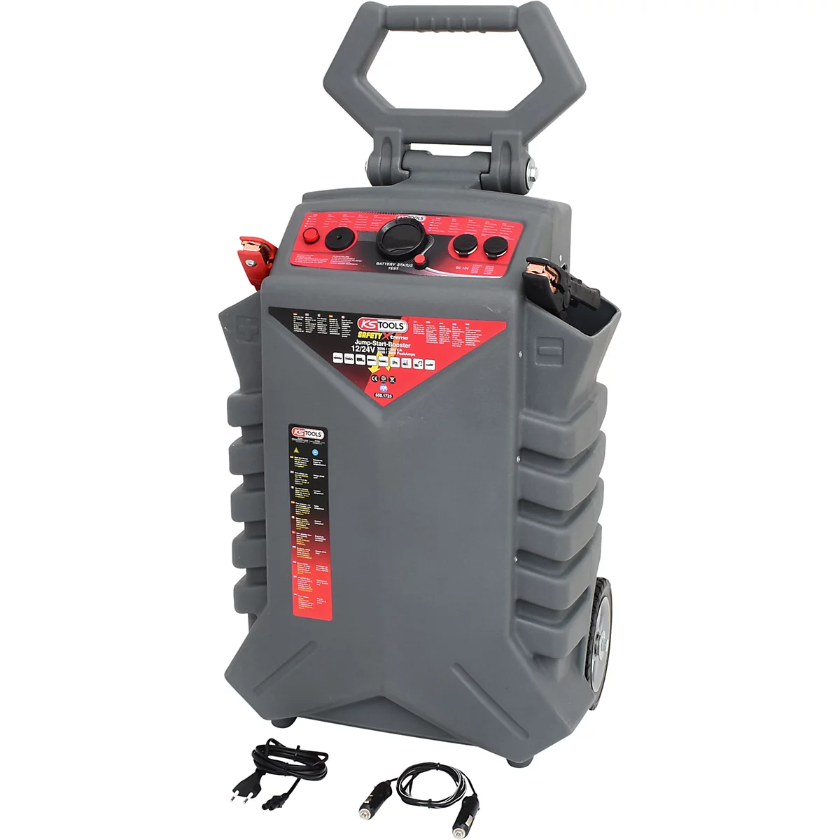 Graue Starthilfegerät mit rotem Bedienfeld, Tragegriff und Rädern. Schwarze Kabel und Zangen. Aufschrift: KS Tools.